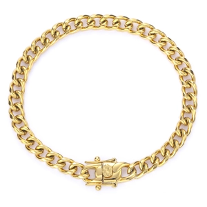 Close-up detail of golden cuban link necklace with polished heavy metal links and clasp