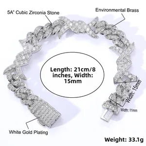 Spécifications du bracelet cubain en forme de X avec zircons et placage en or blanc poli
