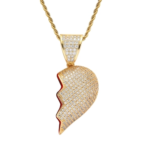 Hip hop half broken heart pendant necklace with gold plating and paved cubic zirconia stones