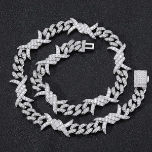 Collier Maille Cubaine Épine Fil de Fer Barbelé Hip Hop en Cuivre avec Zirconia Bijoux Iced Out pour Hommes Femmes Plaqué Or Argent