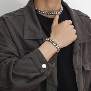 Polished silver cuban link chain necklace and bracelet set for men in stainless steel