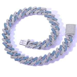 Iced out 20mm Miami cuban link necklace with blue and white zircons for hip hop men