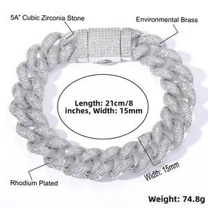 Detail of 15mm rhodium plated brass Cuban link chain with 5A cubic zirconia stones