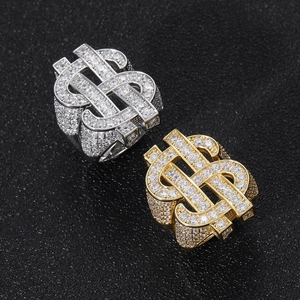 Anelli hip hop segno del dollaro in oro e argento con scintillanti zirconi cubici