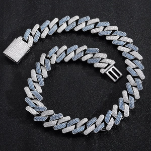 Macro shot of 20mm heavy duty Cuban chain with blue and white pavé cubic zirconia
