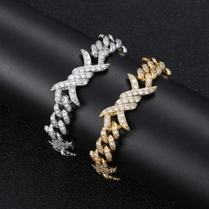 Bracelets gourmette cubains or et argent avec barbelés et zircons style hip-hop