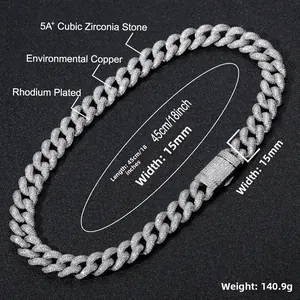 Close-up of 15mm cuban link chain in rhodium plated copper with 5A cubic zirconia