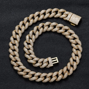 15mm iced out Cuban link chain necklace with pave zircons and gold plated finish