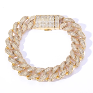 Luxury 15mm gold Cuban link bracelet with iced-out pave set cubic zirconia stones