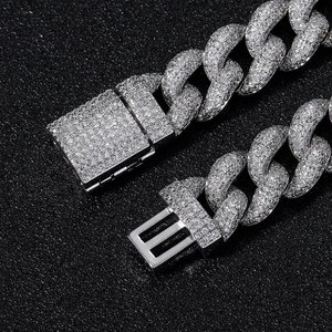 15mm silver tone iced out cuban link chain with paved zircon and secure buckle detail