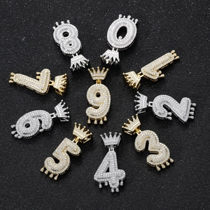 Hip hop 0-9 number pendants with crown and drip design in gold and silver plating