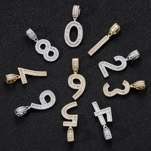 Hip hop style gold and silver 0-9 number pendants with iced out baguette-cut cubic zirconia