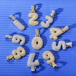 Hip hop iced out bubble number pendants with micro paved zircons in gold and silver plating