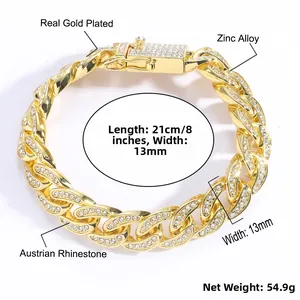 Dettagli del bracciale a catena cubana da 13mm placcato oro con strass austriaci brillanti