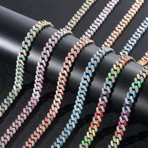Hip Hop 12mm Rainbow Zirconia Cuban Link Chain Necklace For Men Women Copper Gold Silver Plated Enamel Jewelry