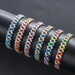 Pulsera cubana de esmalte rosa de 12mm con pedrería de colores estilo hip hop unisex