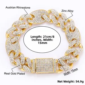 Detailansicht 15mm Gold Hip-Hop-Armband mit Maßen und vereisten Strasssteinen