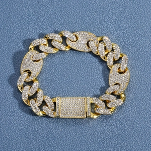 Massives 15mm vergoldetes Hip-Hop Cuban Armband mit Strass und Kaffeebohnen Gliedern