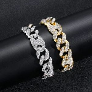 15mm Iced Out Gliederkette Armband in Gold und Silber mit Pavé-Strasssteinen besetzt