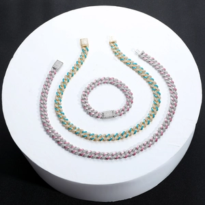 Set de cadenas cubanas con goteo de aceite azul y rosa y circonitas brillantes