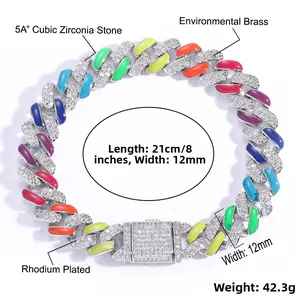 Detailed macro view of 12mm rainbow Cuban link bracelet with 5A+ cubic zirconia stones