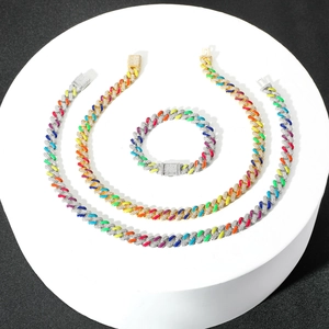 Rainbow enamel Cuban link chain set with white cubic zirconia in silver metal