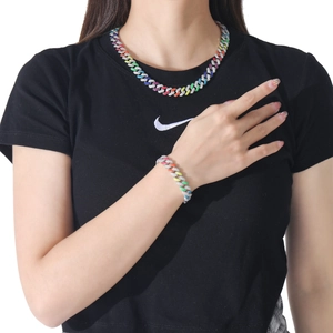 Rainbow iced out Cuban link chain necklace and bracelet set with colorful zircons