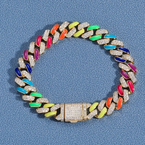 Iced out rainbow enamel Cuban link bracelet with 12mm colorful zircon stones