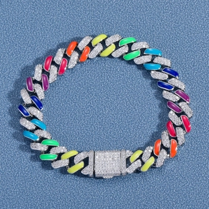 Vibrant 12mm Cuban link bracelet with rainbow enamel and micro-pave cubic zirconia