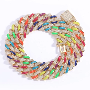 12mm rainbow Cuban link chain necklace with multicolored enamel and sparkling crystals