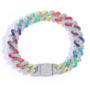 Iced out 12mm Cuban link chain with rainbow enamel coating and sparkling clear crystals
