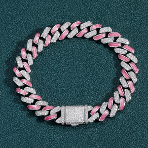 Pulsera de Eslabones Cubanos Hip Hop Iced Out Cobre Circón Esmalte Rosa Cadena Joyería Para Hombres Mujeres Moda Callejera Pulsera