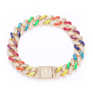 Close-up of 12mm rainbow Cuban link bracelet with colorful enamel and pavé-set zircons