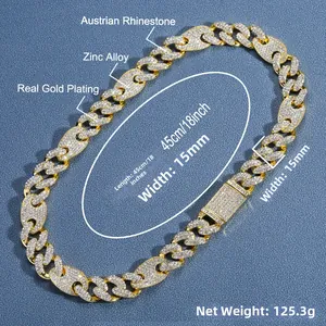 Detail der 15mm vergoldeten Zinklegierung Cuban-Kette mit österreichischen Steinen