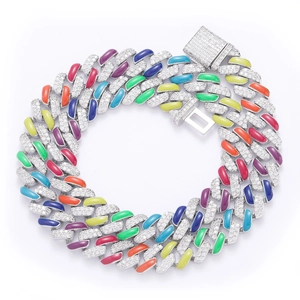 Detail view of 12mm Cuban chain with colorful rainbow enamel and shiny cubic zirconia