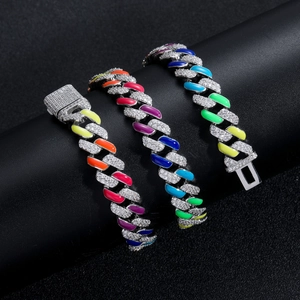Close-up of hip hop Cuban link necklaces with rainbow zircon and colorful enamel inlay
