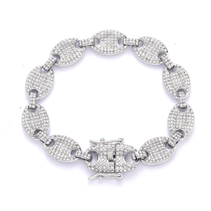 Gourmette homme argentée mailles grain de café sertie de strass blancs brillants