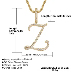 Detail view of 18K gold plated letter Z pendant with micro paved cubic zirconia and size measurements