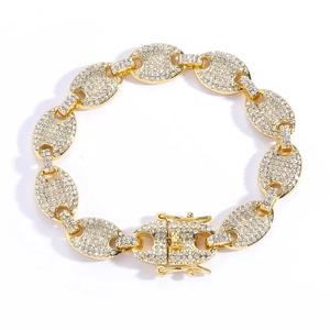 Bracelet à maillons grain de café 12mm plaqué or style hip hop avec strass brillants