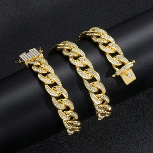 Collana Cuban Link da 13mm placcata in oro con cristalli scintillanti stile hip-hop