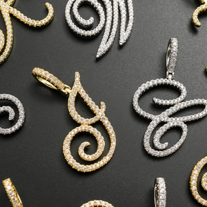 Hip hop 18K gold and silver plated script letter pendants with micro-pave cubic zirconia