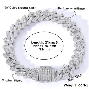 Detail showing 12mm silver Cuban link bracelet with 5A+ cubic zirconia and rhodium plating