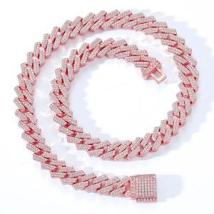 Men's 12mm 18K rose gold plated Cuban link chain with double rows of pavé zircon stones