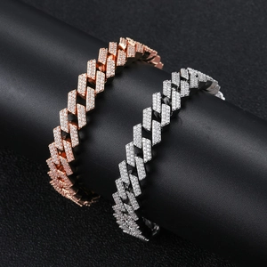 Hip hop 12mm Cuban link bracelet set in 18K gold and silver with double row zircon stones