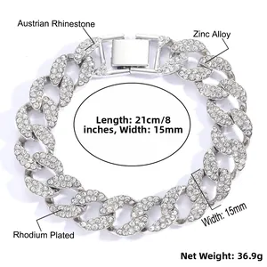 Detail view of 15mm silver Cuban link chain with rhodium plating and Austrian rhinestones