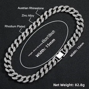 Detailed 15mm rhodium plated Cuban chain with Austrian rhinestones and zinc alloy finish