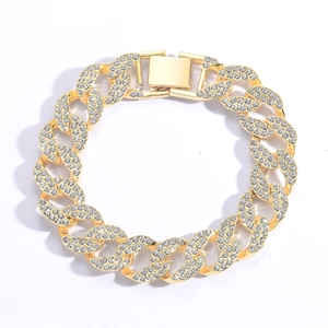 Men's hip hop 15mm gold Cuban link bracelet with iced out crystals on white background