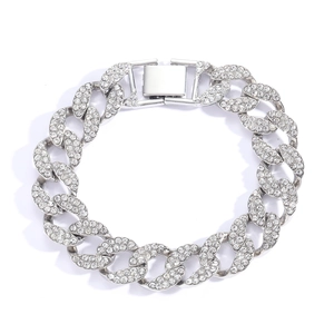 Men's 15mm silver-tone hip hop Cuban link bracelet with iced out crystals and square buckle