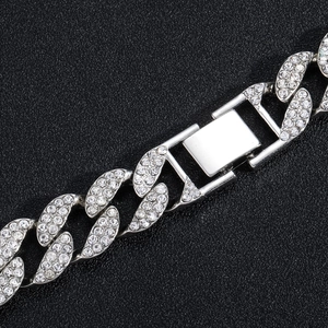 15mm silver iced out Cuban link chain necklace with full crystal pavé for hip hop style