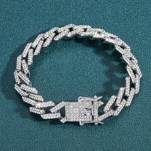 Bracelet cubain 14mm argenté hip hop avec strass étincelants pour hommes élégants